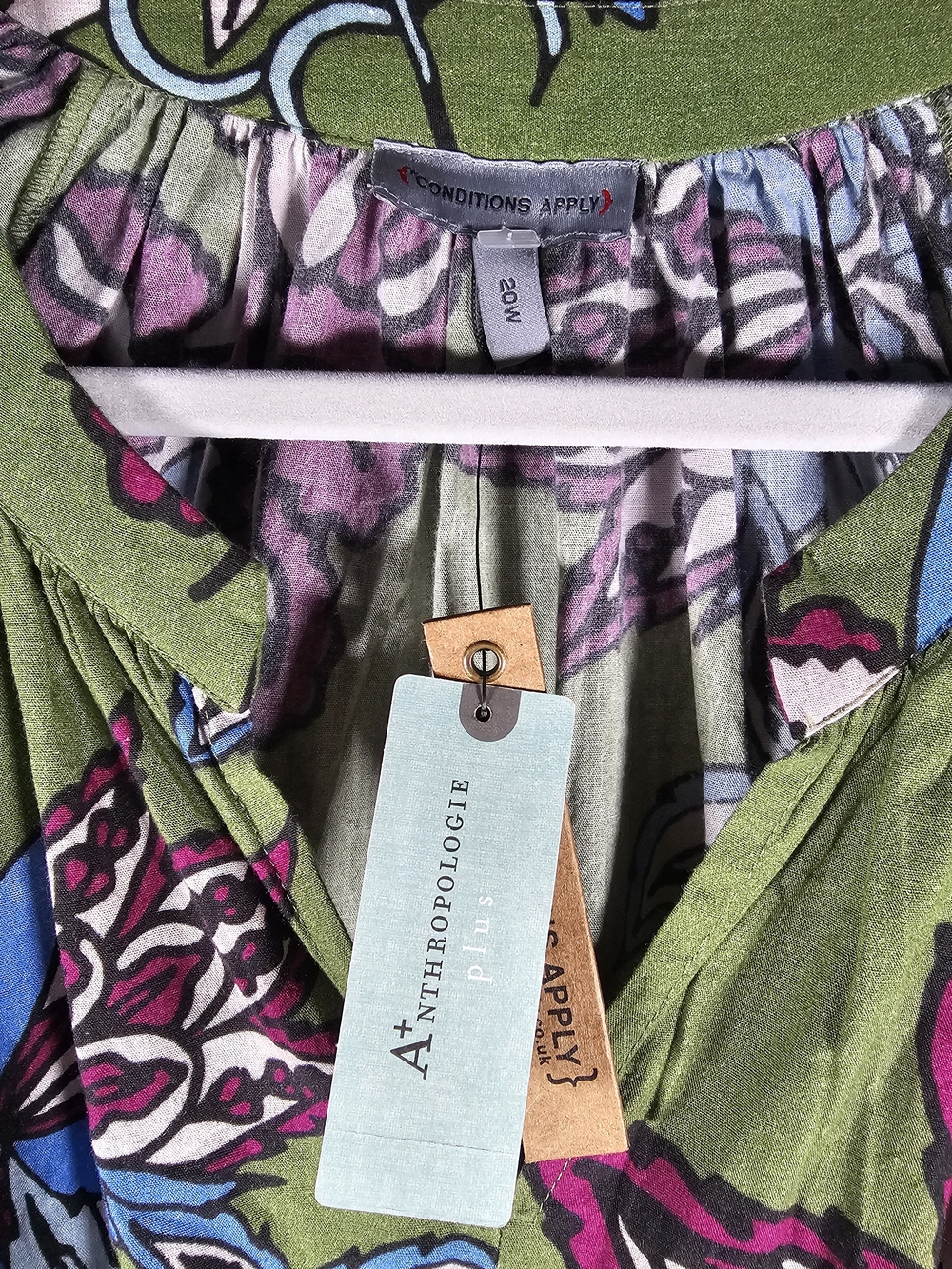 Anthropologie Olive Green Floral Midi Dress with Purple & Blue Accents - Picture 6 of 7